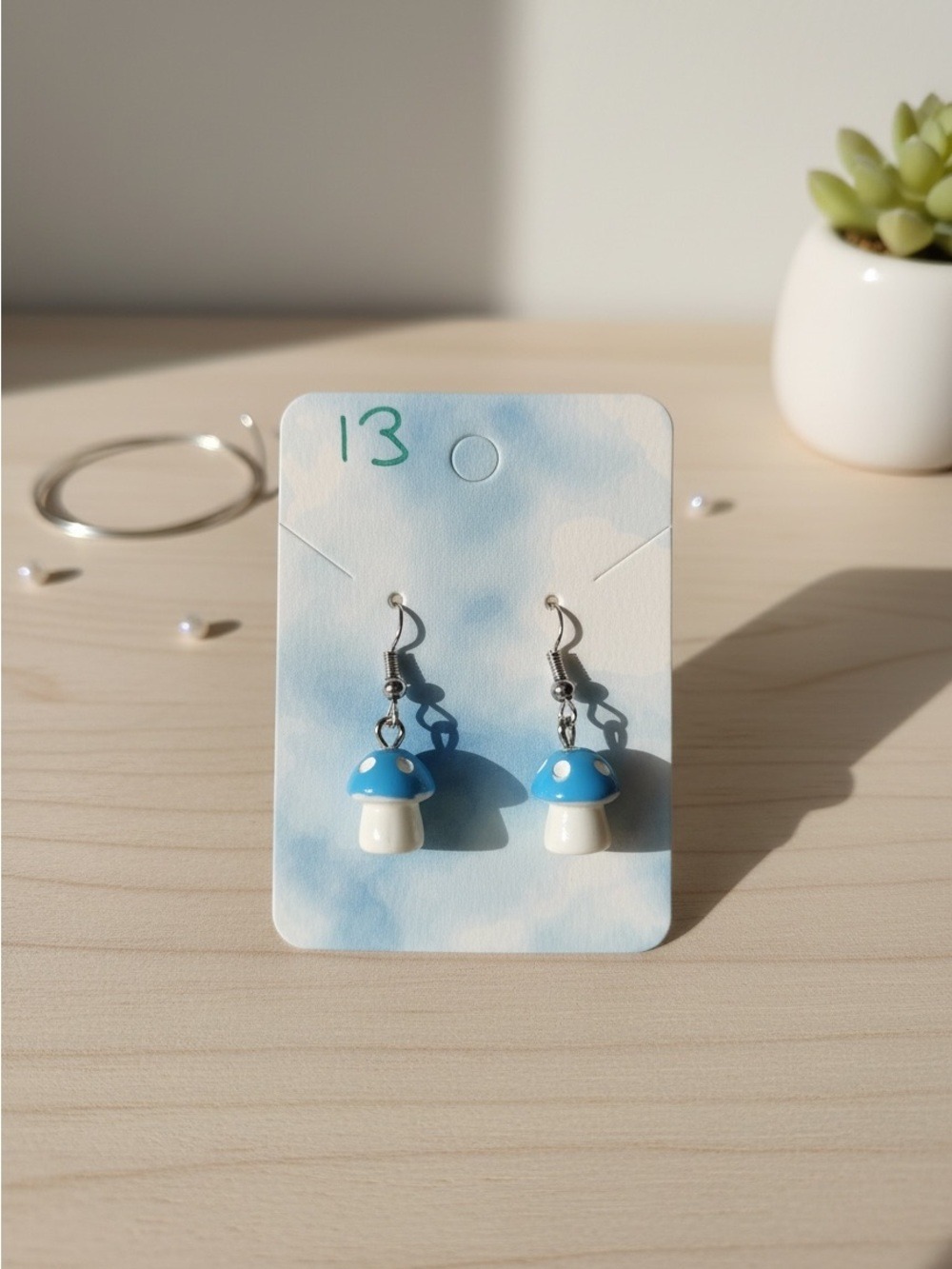 Blue Mushroom Dangle Earrings Cute Cottagecore Fairycore NWOT